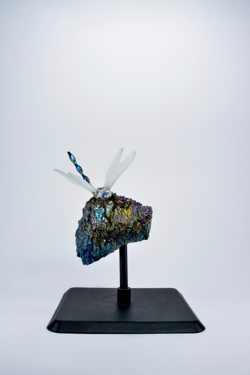 Szivárvány szitakötő bizmut kristályon