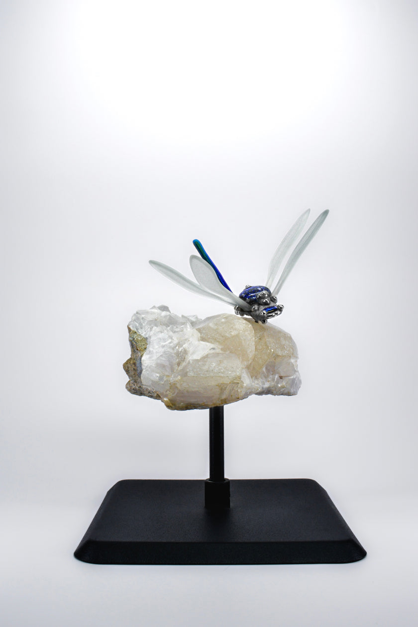 Kék szitakötő hegyikristályon